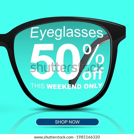 Eyeglasses shopping concept. Half price. Sale Banner. Big sale 50 off.