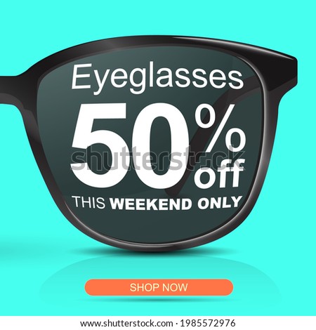 Sunglasses for half price concept. Big sale 50 off. Eyeglasses discount banner.