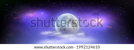 nocni oblohaBeautiful wide picture of space with full moon hidden behind the clouds. Mystical night sky with stars comets and milky way. Zdjęcia stock © 