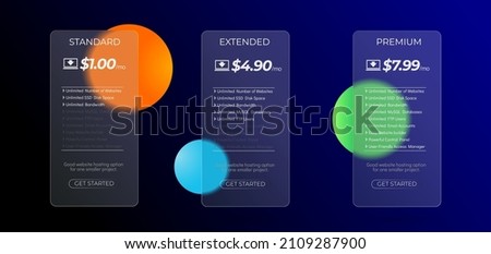 Modern glass subscription plan table with trendy morphism effect. Web hosting pricing plans for websites and applications. Transparent blurred glass plate.