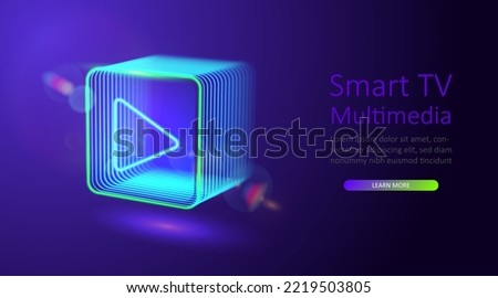 Neon glowing digital cube with play icon. 3d cyber start button. Gaming, cinema, music, tv background with glowing play button. Press to play. Vector design element.