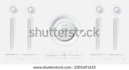 Modern audio UI user interface with volume buttons and sliders. Minimalistic neumorphism style. Audio mixer, sound equalizer, virtual synthesizer. Vector control panel elements.