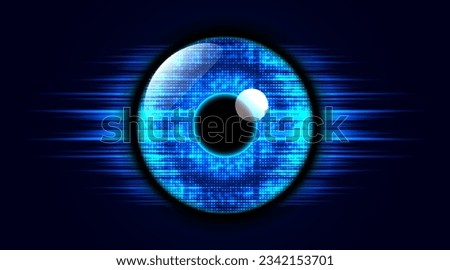 Digital eye, cyber security concept. Eye scan. Big data. Artificial Intelligence. Technology background. Vector illustration.