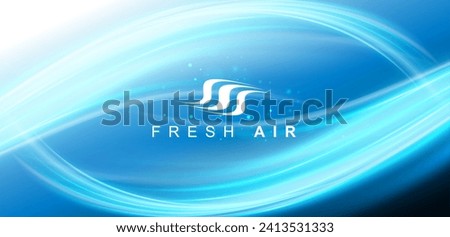 Blue waves showing a stream of clean fresh air. Soft blue curved lines of fresh smell. 3D vector glossy waves.