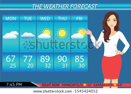 A vector illustration of TV weather news reporter at work