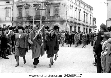 JASLO,POLAND - May 1 1948:vintage historical photo of 1-May demonstration in ruined town Jaslo