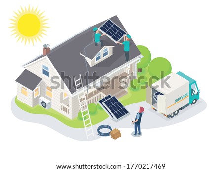 solar cell team constructor service install for new customer house isometric concept for smart home, the customers are standing there watching with pleasure for  modern changes to use free energy Photo stock © 