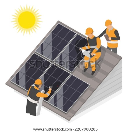 solar cell power plant house roof top maintenance team isometric 