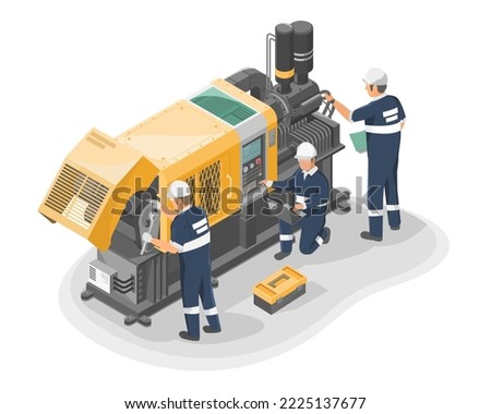 Engineer Maintenance failure machine isometric industrial employee worker fixing in factory element on white background isolated