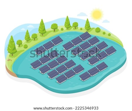 solar farm panels top view polycrystalline silicon solar cell floating on the water in lake for green and clean energy ecology isometric