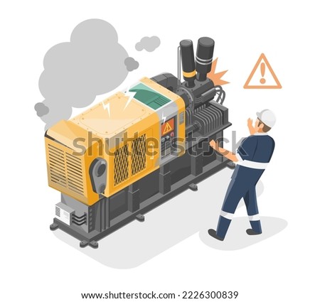 Accident broken fail damage machine in factory trouble in production industry maintenance concept isometric industrial worker on white background isolated