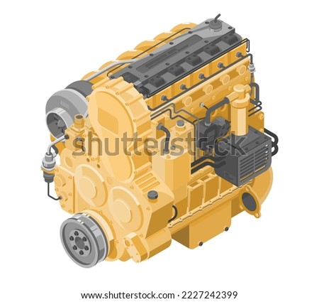 Diesel engine motor isometric for industry and construction equipment yellow vector in white isolated