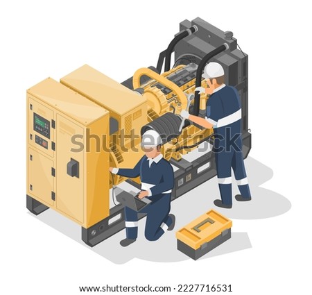 Power generators maintenance service team big diesel engine motor isometric for industry and construction equipment yellow in white isolated