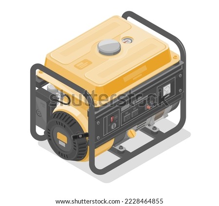 Home portable power generators engine motor isometric for industry and construction equipment yellow in white isolated