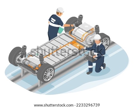Electric car engineer production ev car assembly industry plant manufacturing lithium battery li ion pack parts worker checking isometric Isolated vector illustration