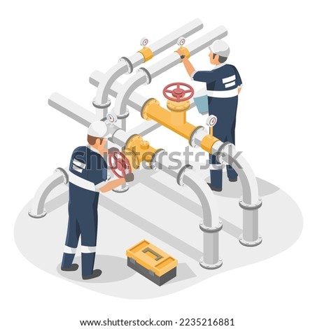 Valves and Piping  technicians engineering checking service maintenance appliances for Gas pumping station gas industry and gas transport system isometric vector isolated