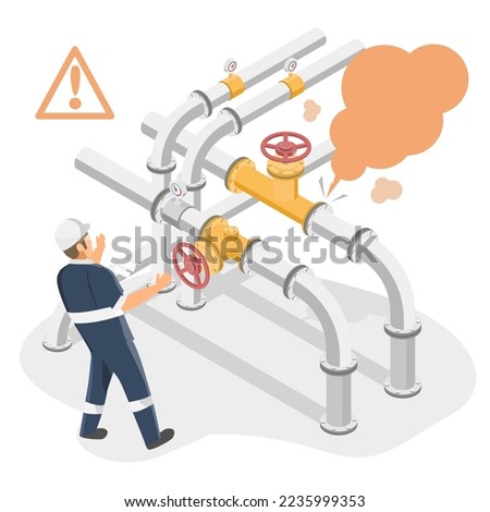 Gas pipe leak valves and piping emergency appliances for Gas pumping station gas industry break and gas transport rupture system isometric vector isolated