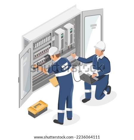 plc controller machine system box  technicians engineering checking service maintenance programmable logic controller in factory and production line isometric isolated