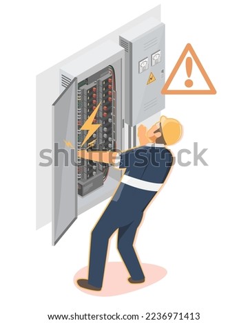 Worker is Injured electric shock accident electricity box power employee negligence technicians engineering checking service maintenance isometric isolated vector