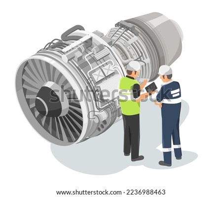 Aircraft engineer planning with mechanician maintenance jet engine engineering  technicians checking service airplane turbine diagram isometric isolated on white