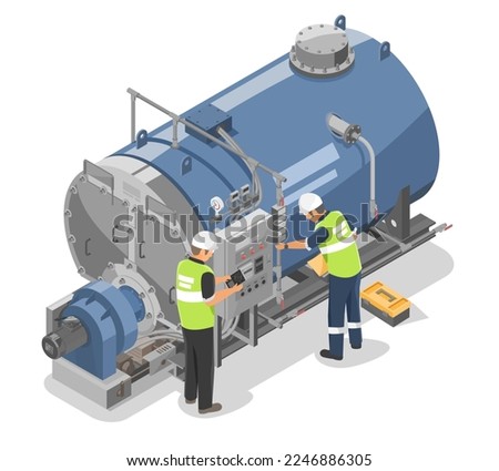 Industrial Boiler Inspection and Maintenance Inspector Engineer and Technician working Duty Factory Machine isometric vector isolated