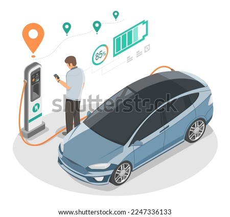 EV Electric Car stop at Charging Station Concept Men use smartphone to planning check location map and pay monitoring in between travel time and go work isometric vector isolated