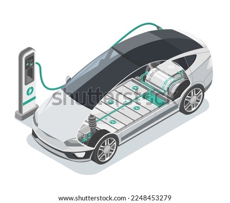 E-mobility EV Electric Car stop at Charging Station Ecology cut inside show Battery Concept isometric isolated vector