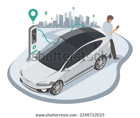 EV Electric Car stop at Charging Station Location out of town Ecology refill Clean Power Battery ecology zero emission Concept isometric isolated vector 