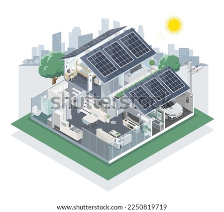 Solar cell House with green city concept installer component system for smart home solar panel inverter and battery diagram monochrome isometric isolated illustration