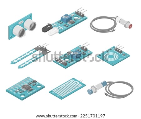 Sensor Module   gyroscope touch soil ultrasonic IR microcontroller sensor interface plc industrial component isometric Isolated vector illustration cartoon