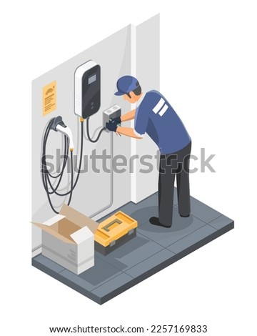 EV Car Charger Home installation Concept Technician Repair and Maintenance and install House Service isometric isolated illustration cartoon