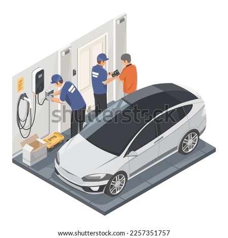 EV Charger Home installation Concept with car Technician use tablet to advise customer to Repair and Maintenance and install House Service isometric isolated illustration cartoon
