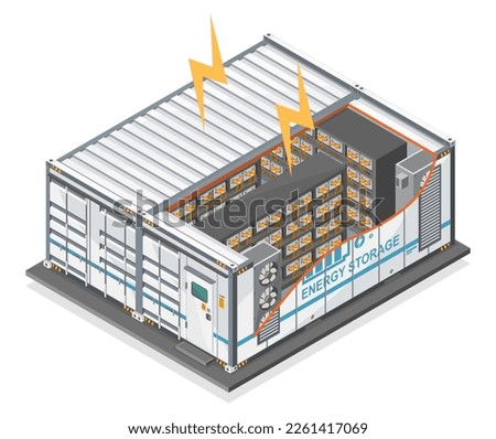 Inside Battery Energy Storage Systems Power Bank electricity power Solar plant Process ecology clean energy concept illustration isometric isolated vector cartoon
