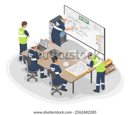 Technician and engineer meeting on machine improvement working process Maintenance planing in conference room industrial worker concept illustration isometric isolated vector