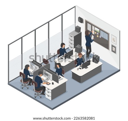 Industrial factory uniform office accountant management Purchasing department room employee worker concept illustration isometric isolated vector
