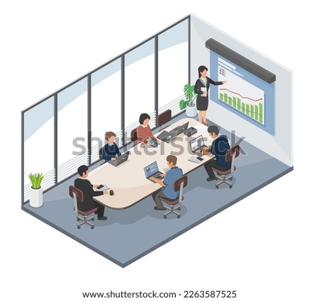 Meeting Room isometric conference Office Worker Brainstorm and present concept illustration isolated vector