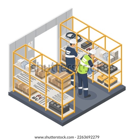 Technician in Storeroom and Tool Crib Room Management industrial manufacturing worker concept illustration isometric isolated vector