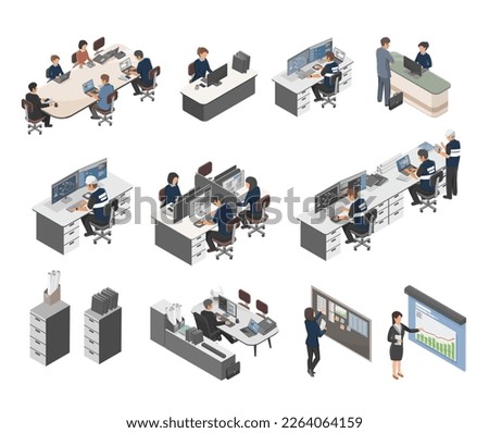 Industrial factory employee uniform office people isometric Manager meeting accountant management Purchasing department room worker concept illustration isolated vector
