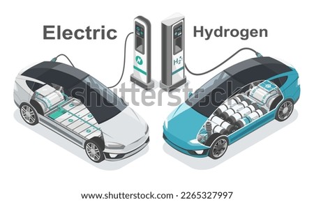 Electric car vs hydrogen Fuel Cell EV future technology for zero emissions ecology clean power Concept isometric isolated vector