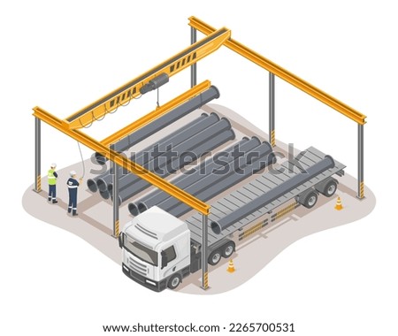 Overhead Crane lifting industrial Steel Pipes from trailer flat bed truck in factory flatbed industrial manufacturing worker concept illustration isometric isolated vector