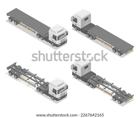 Semi trailer Truck and flatbed isometric front and rear Top view no container blank isolated illustration on white set Cartoon vector