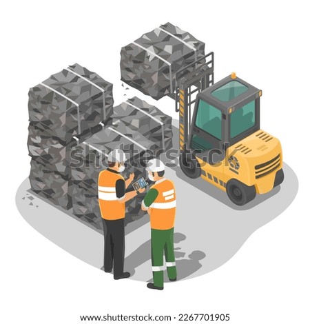 Garbage sorting and recycling management compressed garbage piles using forklift in recycle industry environmental career illustration isometric isolate vector