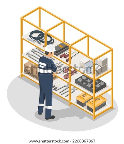 Technician selection of tools in Storeroom and Tool Crib Management industrial manufacturing worker concept illustration isometric isolated vector