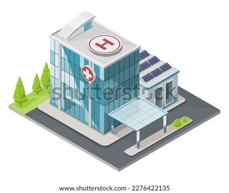 Hospital Glass Building with solar panels for save energy ecology concept isometric top view out door isolated illustration cartoon