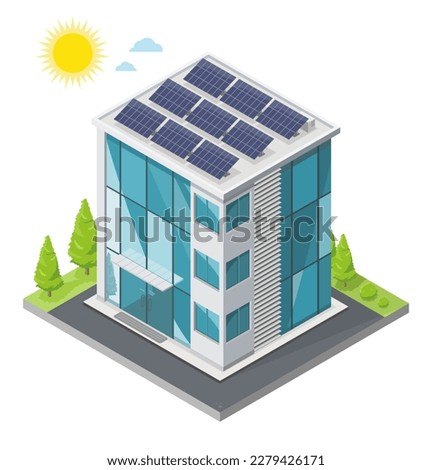 Office isometric Work Station Glass Building with solar palnels for save energy ecology concept top view out door isolated illustration cartoon cityscape