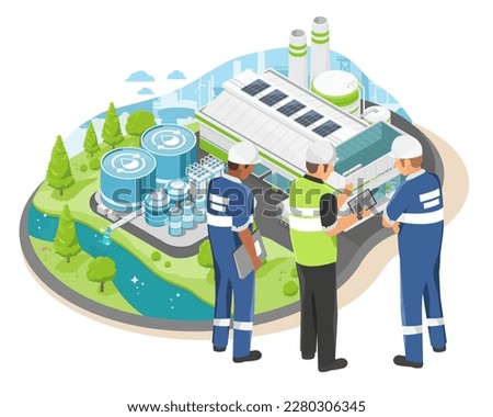 Industrial Engineer management plan Wastewater Treatment process in factory plant ecology sewage treatment for save world ecology and low emission zone concept cartoon symbols  isometric vector