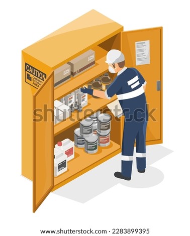 Worker in Caution Danger Chemical Storage  Cabinet area Industrial factory standard symbols concept illustration isometric isolated vector