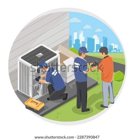 HVAC installation and maintenance Team house Service at home Heating Ventilation and Air Conditioning isometric isolated cartoon vector