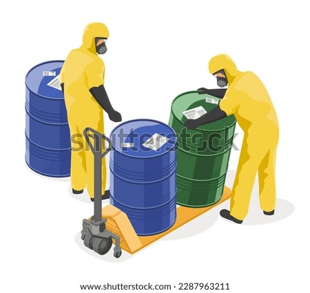 Hazardous Waste Disposal concept isometric workers in Yellow Hazard Suit using Handlift to move danger chemical tank in industry zone illustration isolated cartoon vector