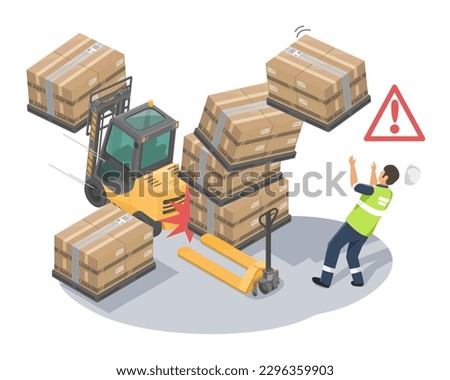 Accident in warehouse careless forklift crash pallet goods employee risk working need insurance isometric isolated vector
